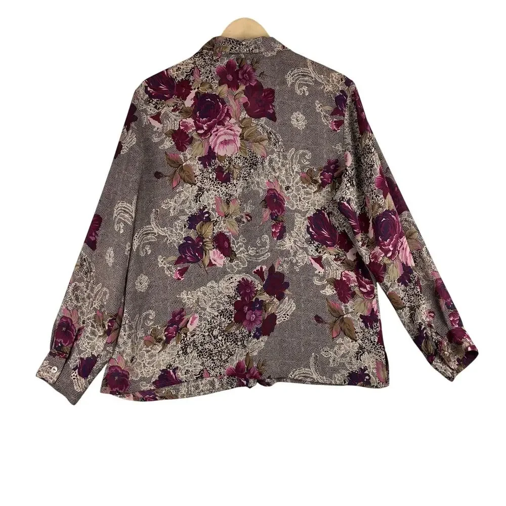 Vintage Notations Long Sleeve Button Up Blouse Women's Large Floral Lace Ruffle